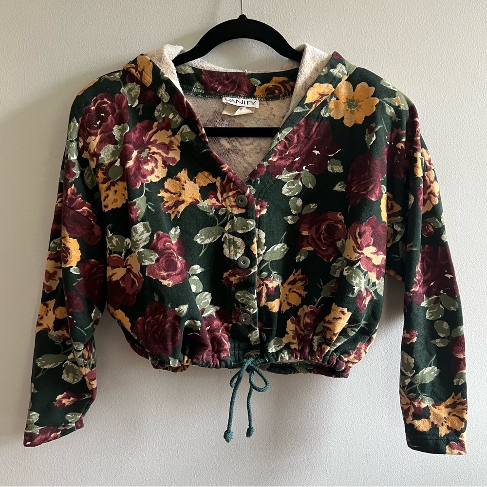 Vintage 90s cropped floral button down hooded sweatshirt with drawstring waist